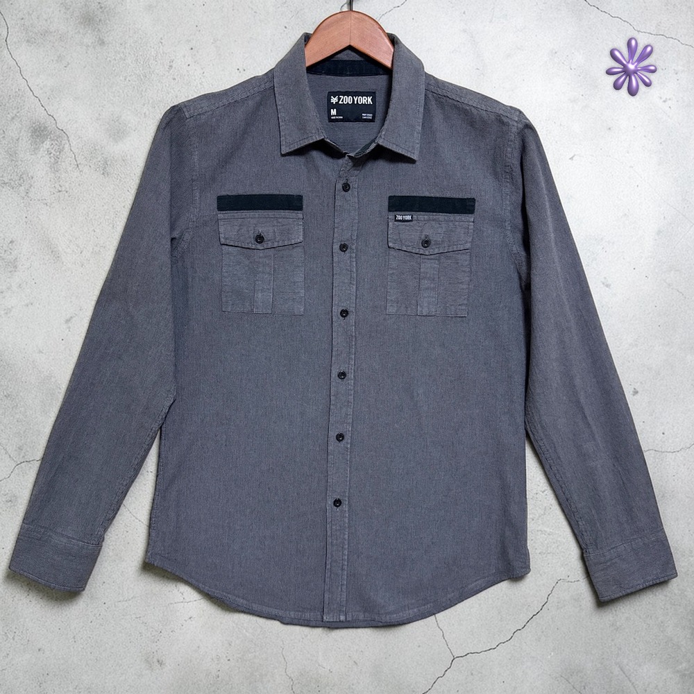 ZOO YORK‎ Button Up LS Shirt | Gray Micro-Stripe | Y2K Skate | Mens MEDIUM